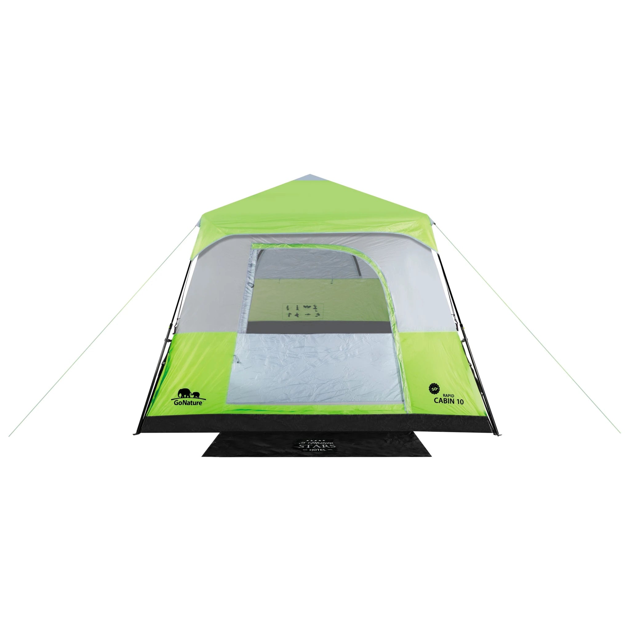 Rapid Cabin 10: פנים מרווח עם שטיח כניסה, ווי תלייה וצלליות ידיים לילדים.