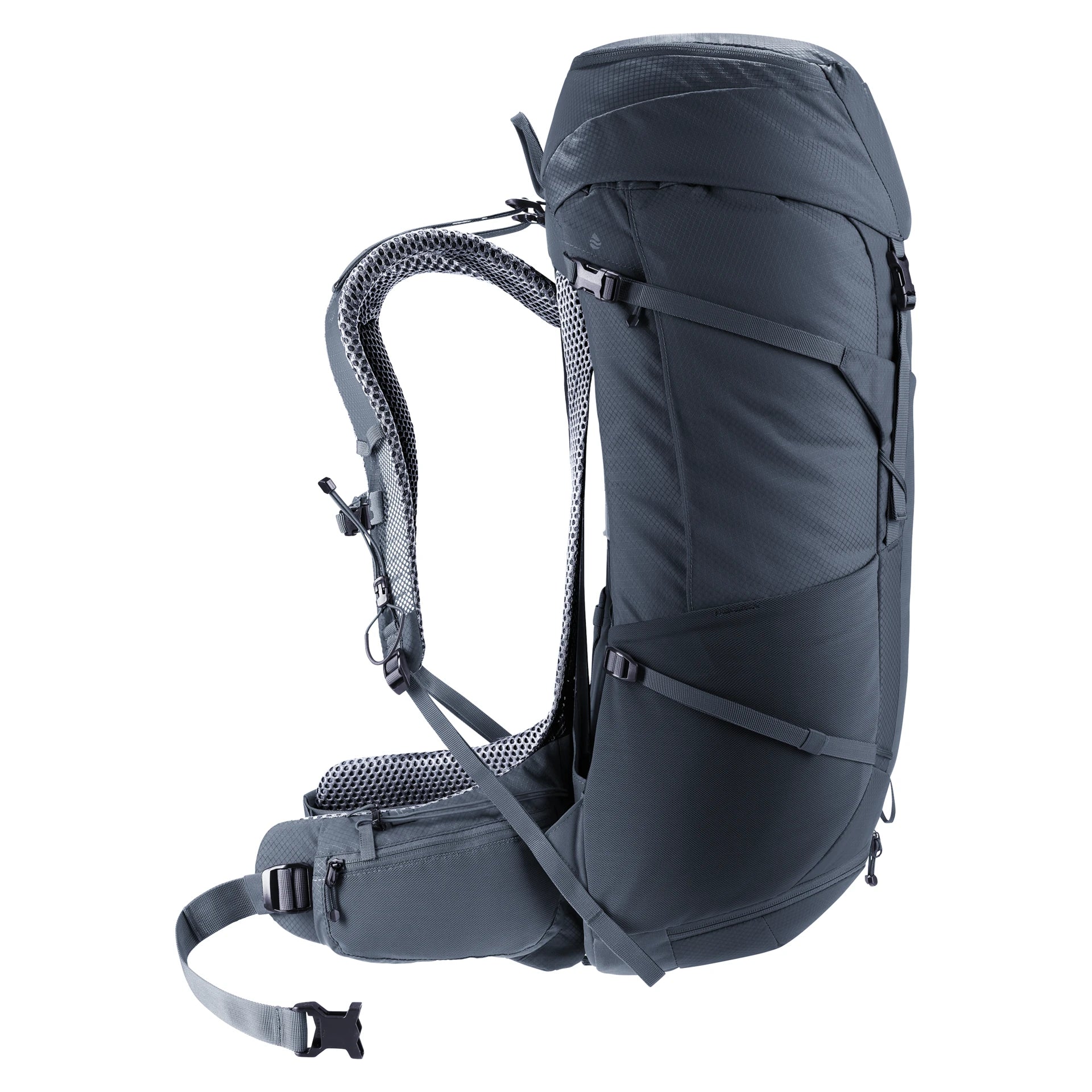 תרמיל Futura Pro 40 Deuter - מבט צד, סגירת סקוץ' וחגורת מותניים