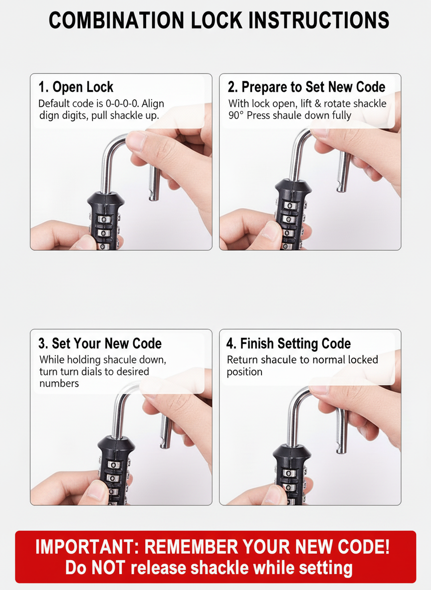 מנעול קומבינציה קטן לתיק או ללוקר, מידות: 61.5x43.5 מ"מ