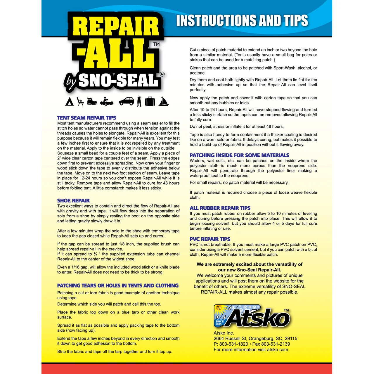 Atsko Repair All: דבק לשימוש פנימי וחיצוני, לתיקון ציוד ספורט אתגרי וקמפינג