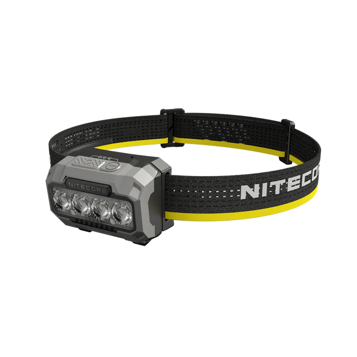 פנס ראש Nitecore HA23 UHE שחור עם רצועה למצח, פועל על סוללות AAA.