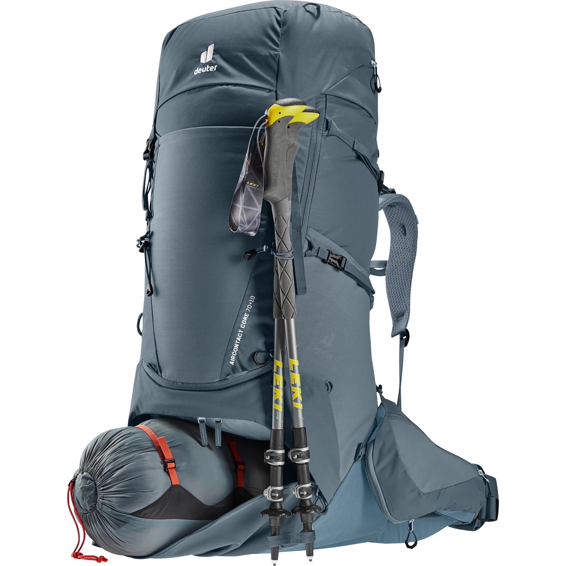 Deuter Aircontact Core 70+10: רצועות כתף נוחות ותמיכה לגב תחתון.