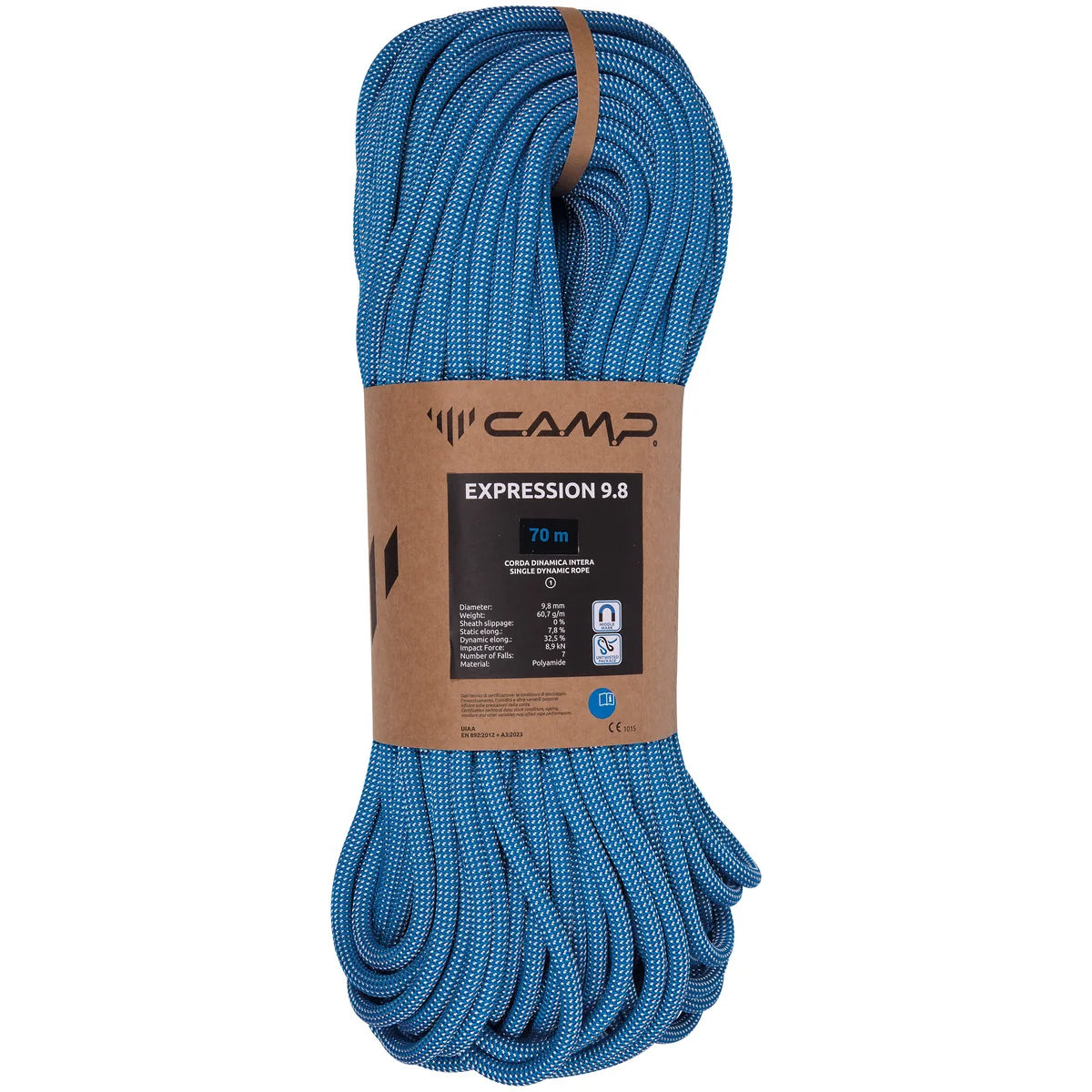 חבל טיפוס מקצועי CAMP Expression 9.8mm פרוס להמחשת גמישות ועובי החבל