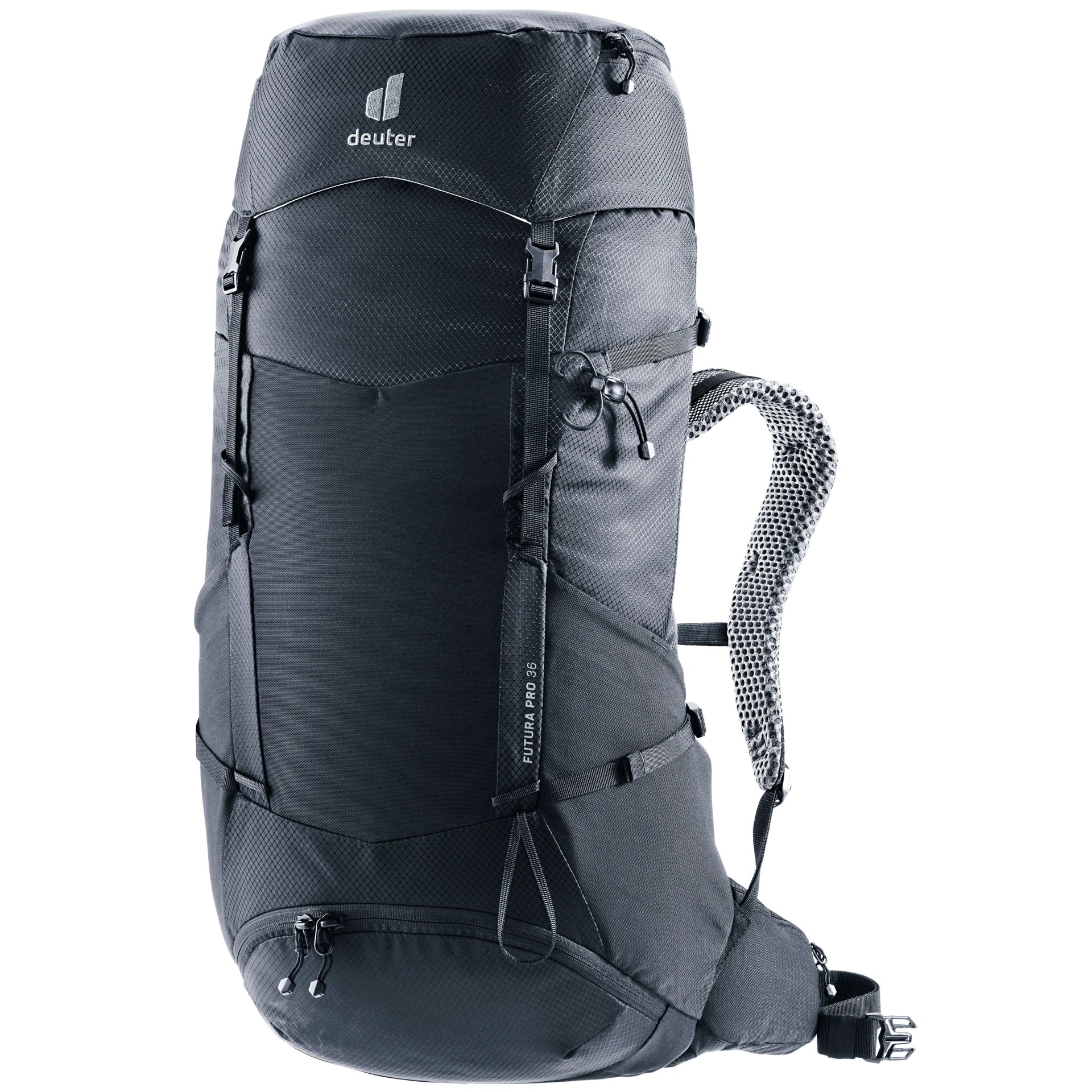 תרמיל Deuter Futura Pro 36 במבט מהצד, מציג כיסי צד ורתמות כתף מרופדות.