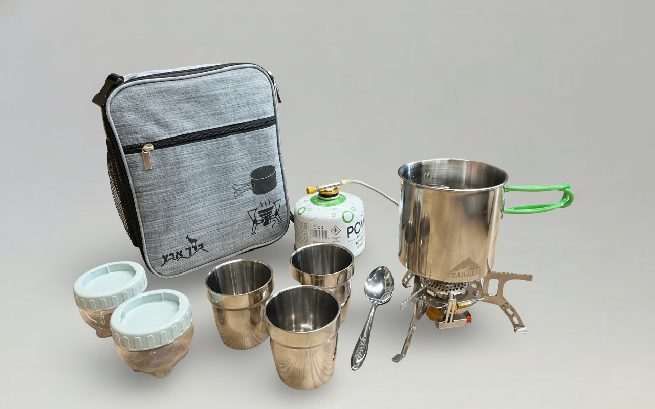 ערכת קפה פרימיום "דרך ארץ" עם גזיית ספיידר, פינג'אן, כוסות דופן כפולה ונרתיק פרימיום.