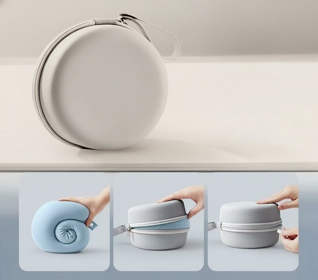 כרית צוואר Memory Foam כחולה קומפקטית לנסיעות עם תיק אחסון דרך ארץ