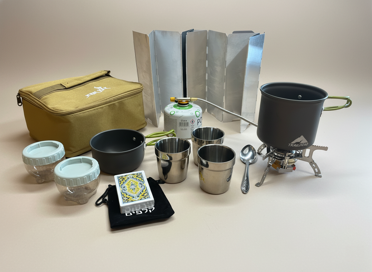 ערכת קפה טקטית "דרך ארץ" הכוללת גזיית ספיידר, כוסות דופן כפולה, בלון גז ומגן רוח.