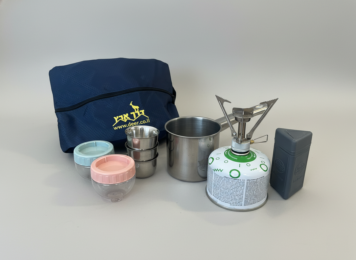 ערכת קפה קומפקטית "דרך ארץ" לטיולים, כולל גזייה, פינג'אן וכוסות מבודדות.