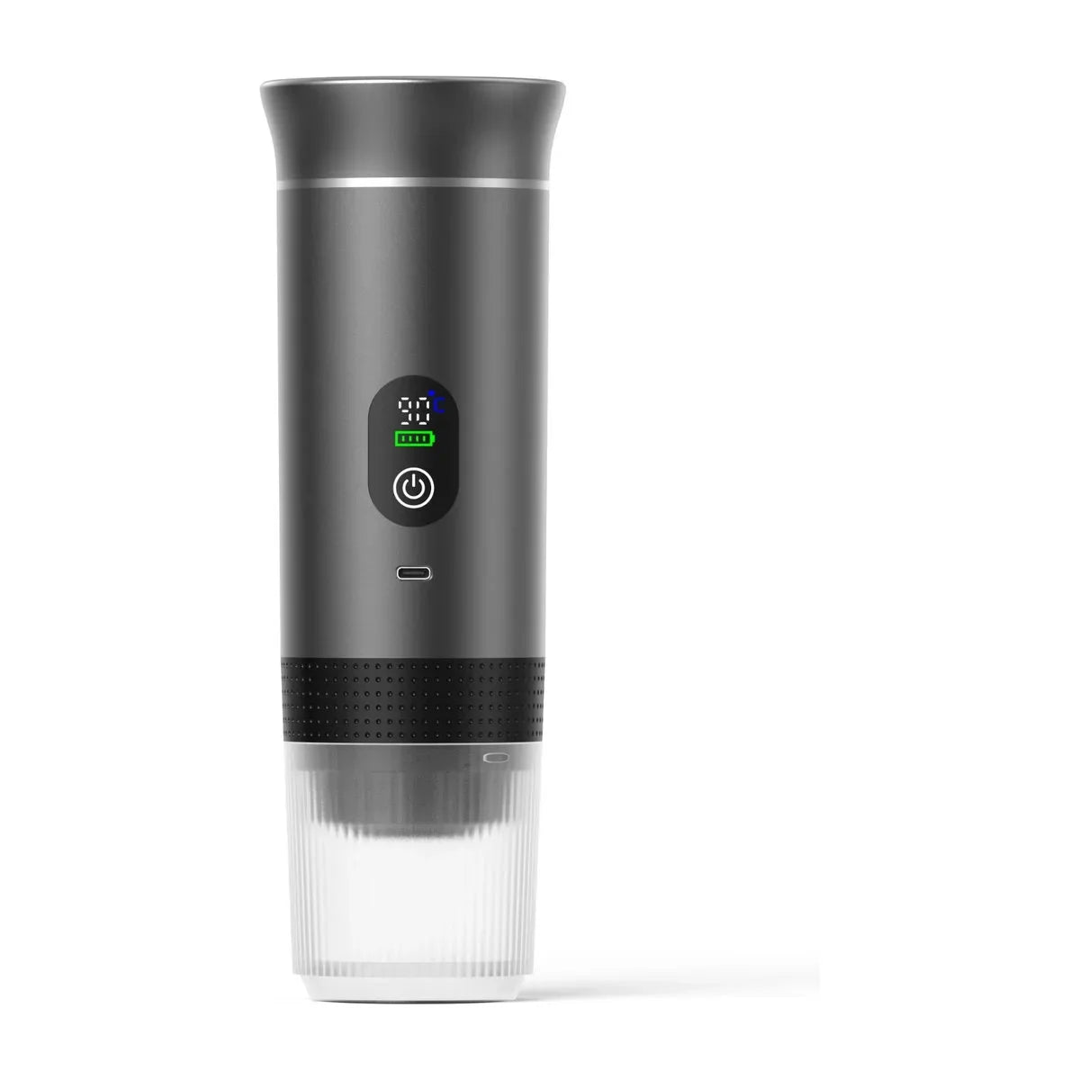 מבט מקרוב על חיבור כבל טעינה USB-C למכונת אספרסו ניידת בשטח