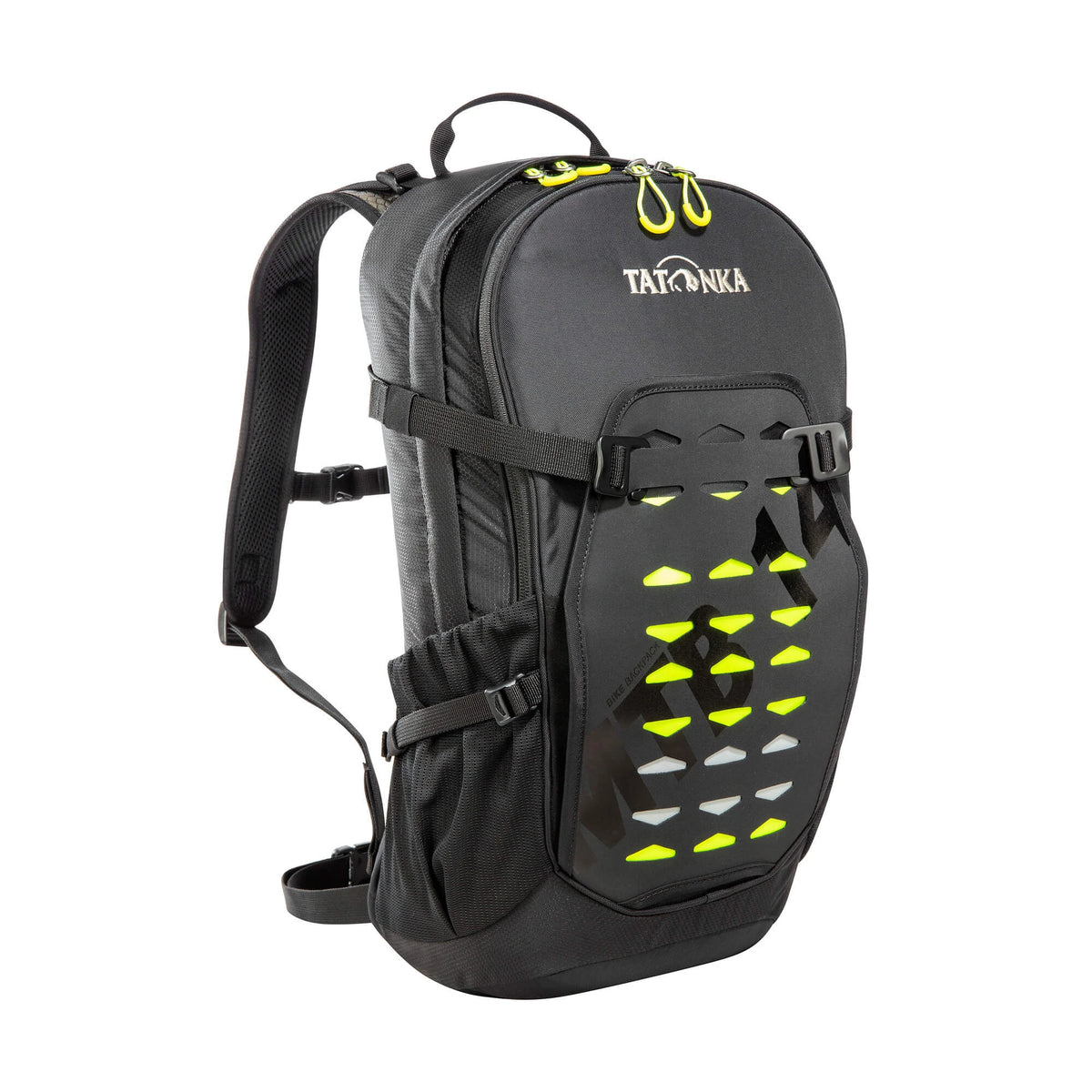 תרמיל רכיבה שחור Tatonka Bike MTB 14 עם מערכת גב רשת מתוחה ומתקן לקסדה.