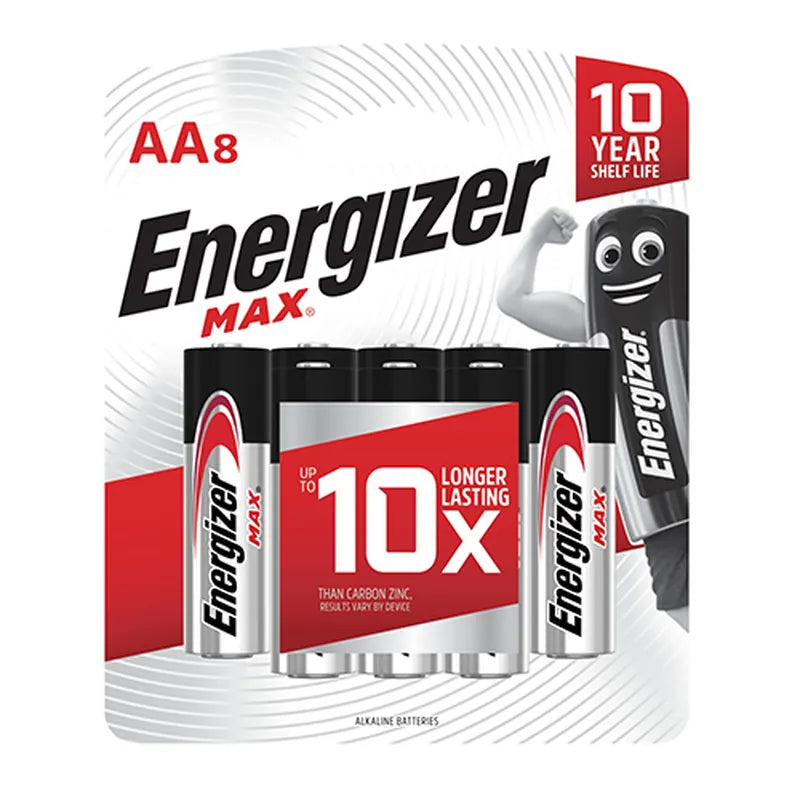 8 סוללות AA אלקליין Energizer במארז - סוללות מוגנות מנזילה, תוקף עד 10 שנים